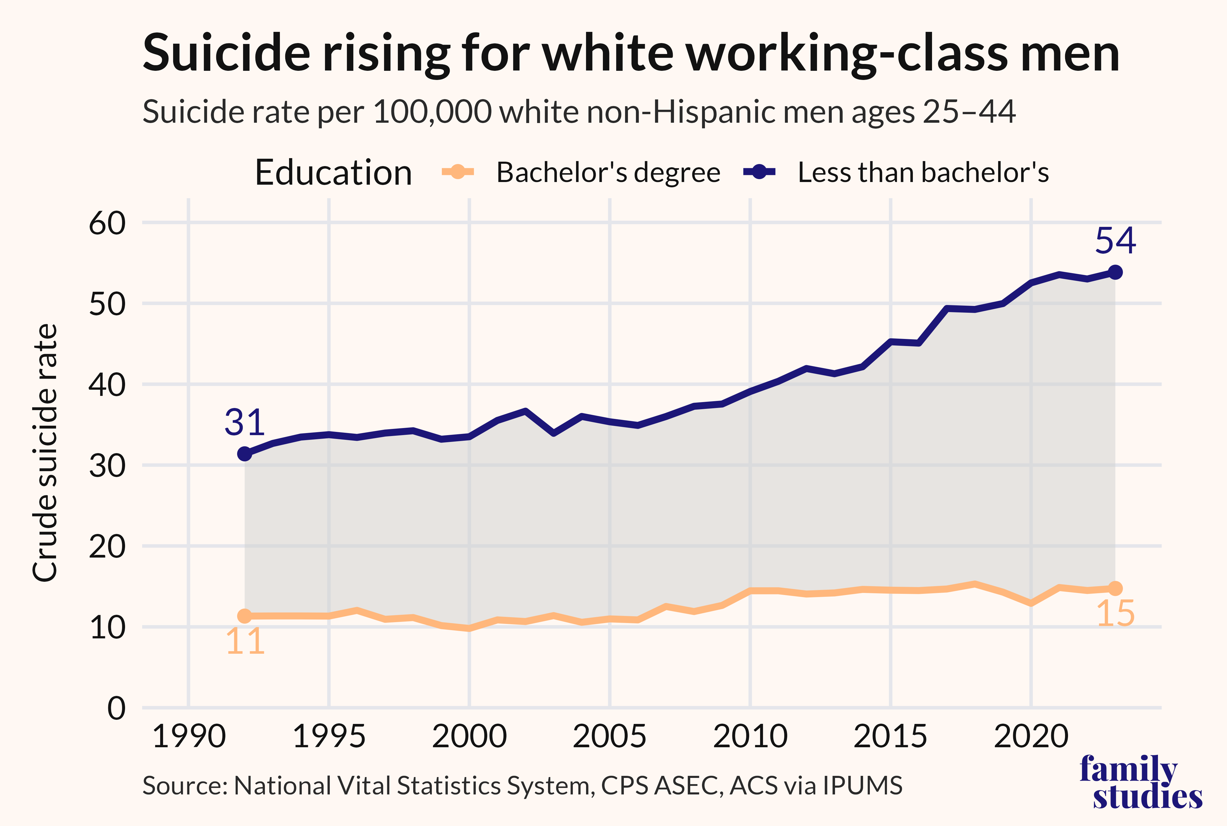 Line chart showing crude suicide rate among non-Hispanic white men by education